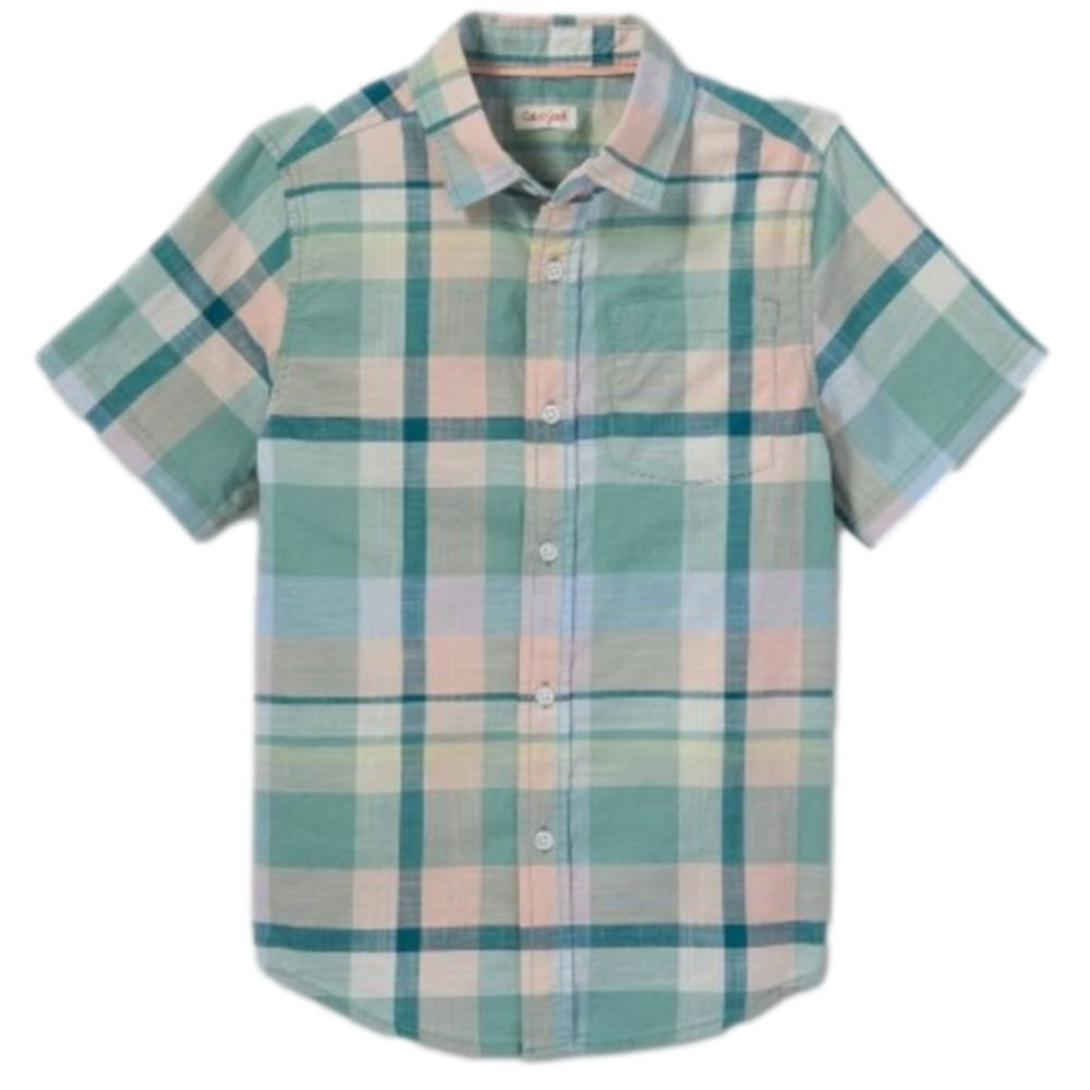 Boys Woven Button-Down Short Sleeve Shirt - Cat & Jack Plaid Green Size Large